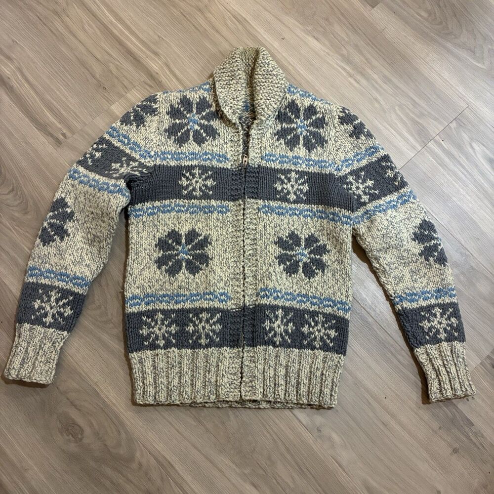 Vintage Handmade Wool Knit Fair Isle Sweater Cardigan Heavy Sz. S Zip Gray Blue